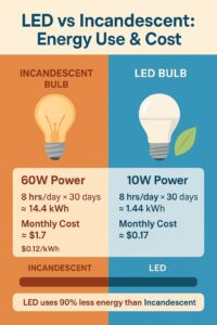 LED uses 90% less energy than Incandescent.