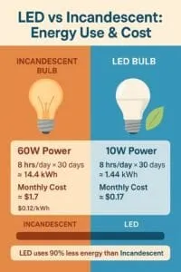 LED uses 90% less energy than Incandescent.